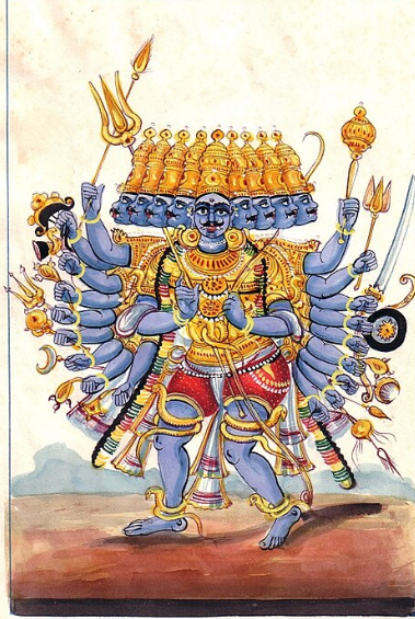 रावण कैलाश पर्वत के नीचे दबे हाथों से शिव की स्तुति करते हुए